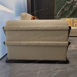 Light Beige Leather Sofa Set with Double-Layer Diamond Quilted Craftsmanship, Black Glossy Curved Natural Wood Veneer & Golden Stainless Steel Accents